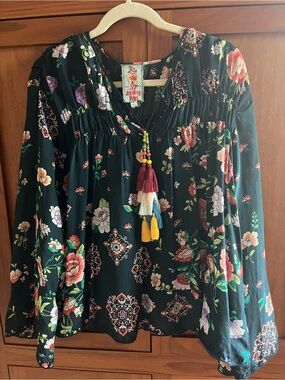 Johnny Was Dark Floral Tie-Front Peasant Top